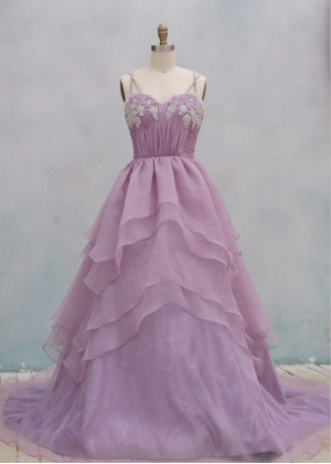Light Purple Beaded Organza Cross Back Prom Dress